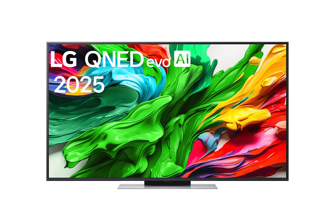 LG 55 coli? LG QNED evo AI MiniLED 4K i?manusis TV QNED87 2025, Televizoriaus ?LG QNED evo QNED85 TV“ priekinis vaizdas, ?LG QNED evo Al“ logotipas vir?utiniame kampe. Televizoriuje ?LG QNED evo QNED85 TV“ atvaizduojamos spalvingos da?us primenan?ios tekstūros., 55QNED87A3B