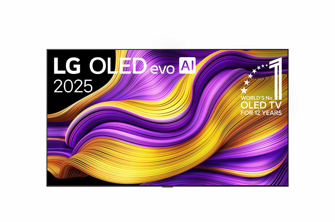 LG 97 coli? LG OLED evo AI G5 4K i?manusis TV OLED97G5 2025 , I?maniojo TV LG OLED evo AI G5 4K vaizdas i? priekio. Ant ekrano yra emblema ?12 Years of world number 1 OLED“ ir LG OLED evo AI 2025 logotipas., OLED97G51LW