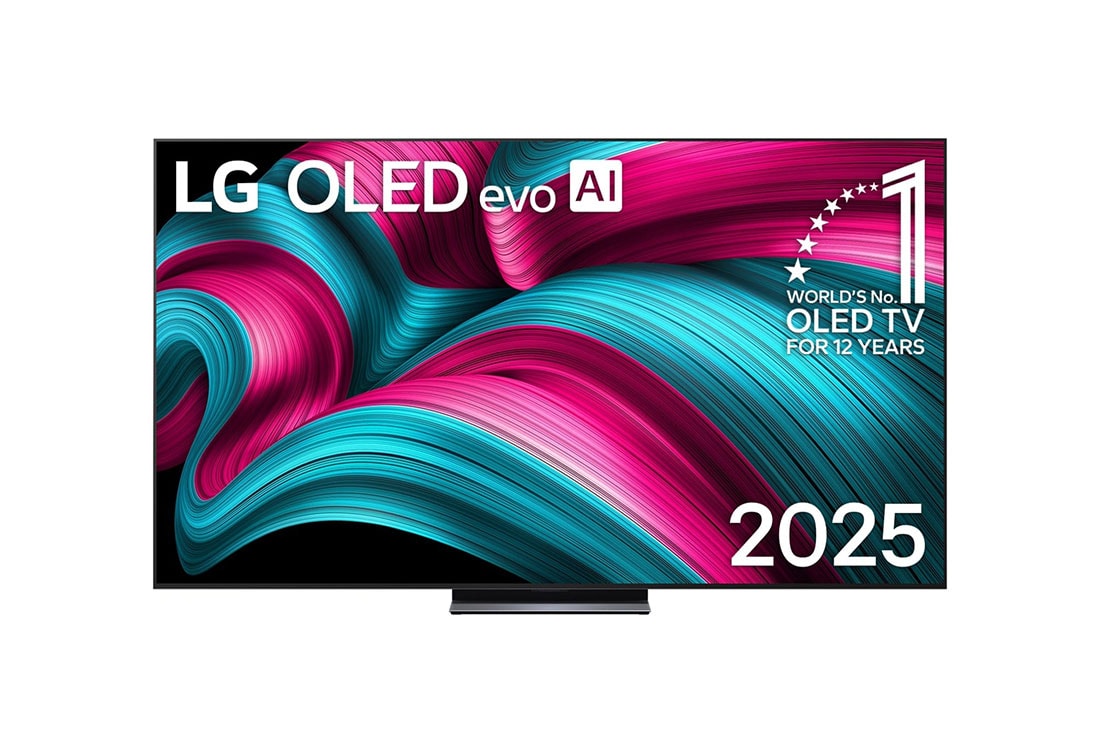 LG 83 coli? LG OLED evo AI C5 4K i?manusis TV OLED83C51 2025, I?maniojo televizoriaus ?LG OLED evo AI C5 4K“ vaizdas i? priekio. Ant ekrano yra emblema ?12 Years of world number 1 OLED“ ir LG OLED evo AI 2025 logotipas., OLED83C51LA