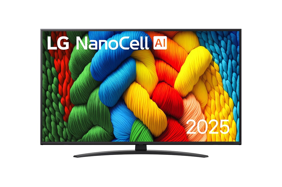 LG 50 coli? LG NanoCell AI 4K i?manusis TV NANO81 2025, NanoCell TV vaizdas i? priekio, LG NanoCell Al logotipas vir?utiniame kampe. Televizoriuje LG NanoCell NANO80 TV atvaizduojamos spalvingos da?us primenan?ios tekstūros., 50NANO81A3A