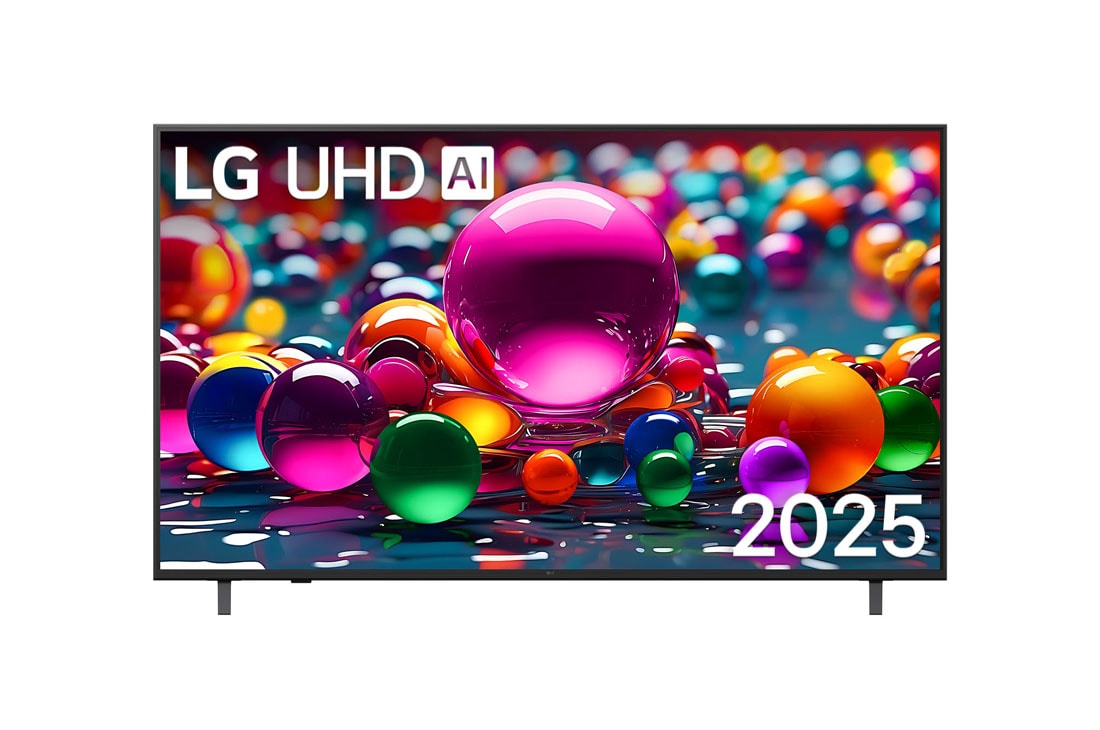 LG 65 coli? LG UHD AI 4K i?manusis TV UA75 2025, LG UHD UA75 TV vaizdas i? priekio, LG UHD Al logotipas vir?utiniame kampe. LG UHD TV atvaizduojamos spalvingos da?us primenan?ios tekstūros., 65UA75003LA