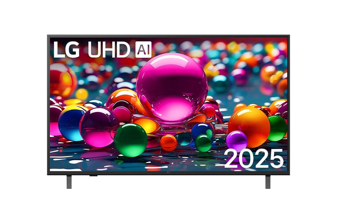 LG 50 coli? LG UHD AI 4K i?manusis TV UA75 2025, LG UHD UA75 TV vaizdas i? priekio, LG UHD Al logotipas vir?utiniame kampe. LG UHD TV atvaizduojamos spalvingos da?us primenan?ios tekstūros., 50UA75003LA