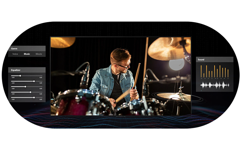 Vyras būgnininkas, rodomas LG QNED AI Smart 4K televizoriuje su AI Sound Pro, mai?o gars? ir perkuria gars?