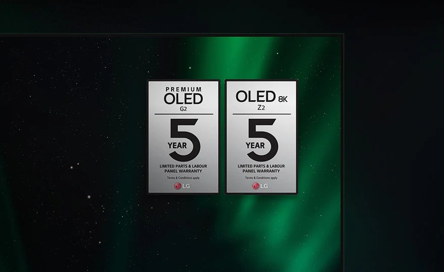 Z2 ir G2 garantijos logotipai rodomi LG OLED televizoriaus ekrane