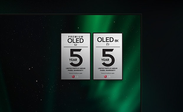 Z2 ir G2 garantijos logotipai rodomi LG OLED televizoriaus ekrane
