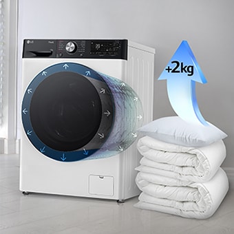 Segas un spilveni atrodas blakus ve?as mazgājamajai ma?īnai, un bulta uz spilvena norāda 2 kg ietilpības palielinājumu.