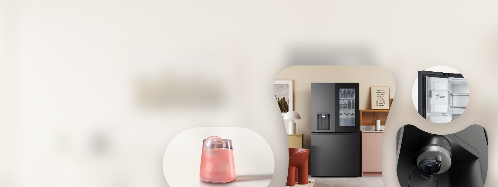 Tuvplānā glāze ar rozā dzērienu un apa?as formas ledu, LG ledusskapis virtuvē, kompaktā dizaina SpacePlus Ice System, UVnano ūdens dozators.