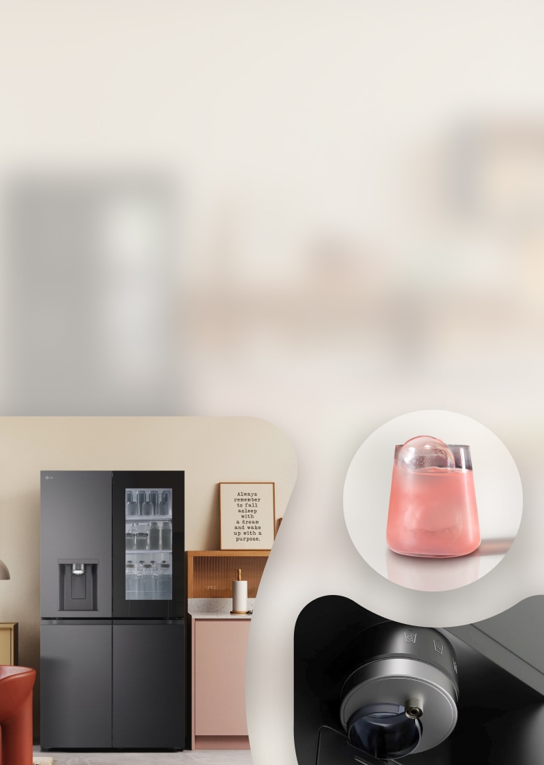 Tuvplānā glāze ar rozā dzērienu un apa?as formas ledu, LG ledusskapis virtuvē, kompaktā dizaina SpacePlus Ice System, UVnano ūdens dozators.