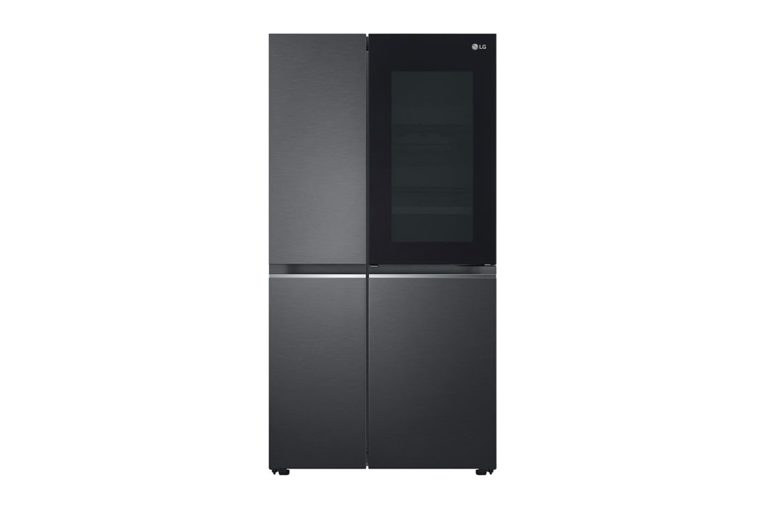 LG Side by side ledusskapis |InstaView Door-in-Door | 635L | augstums 1.79m | platums 91.3cm | Melns |E klase| WiFi | DoorCooling | Total No Frost | GSQV90MCAE, skats no priek?puses uz apgaismoto pārtiku, GSQV90MCAE
