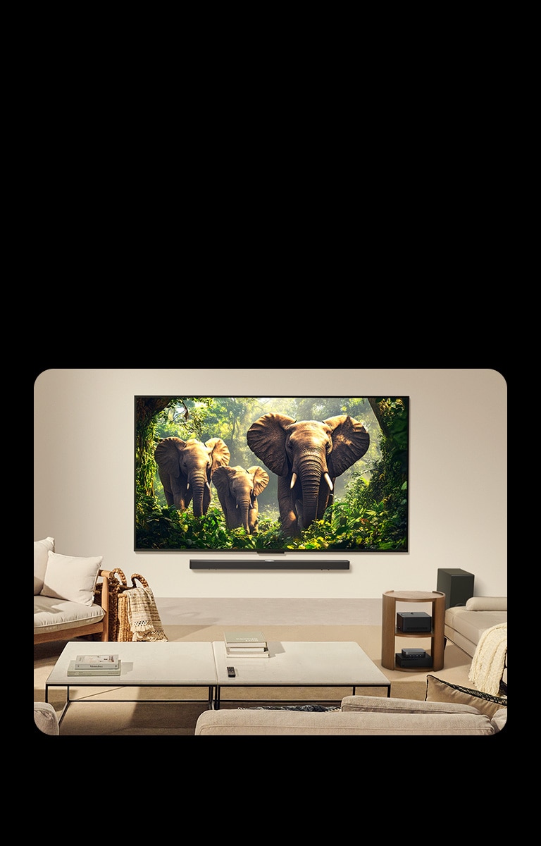 Pie sienas stiprināms LG QNED9M TV dzīvojamajā istabā. Zero Connect Box ir glīti novietots zem sānu galda ar citām perifērijas ierīcēm.