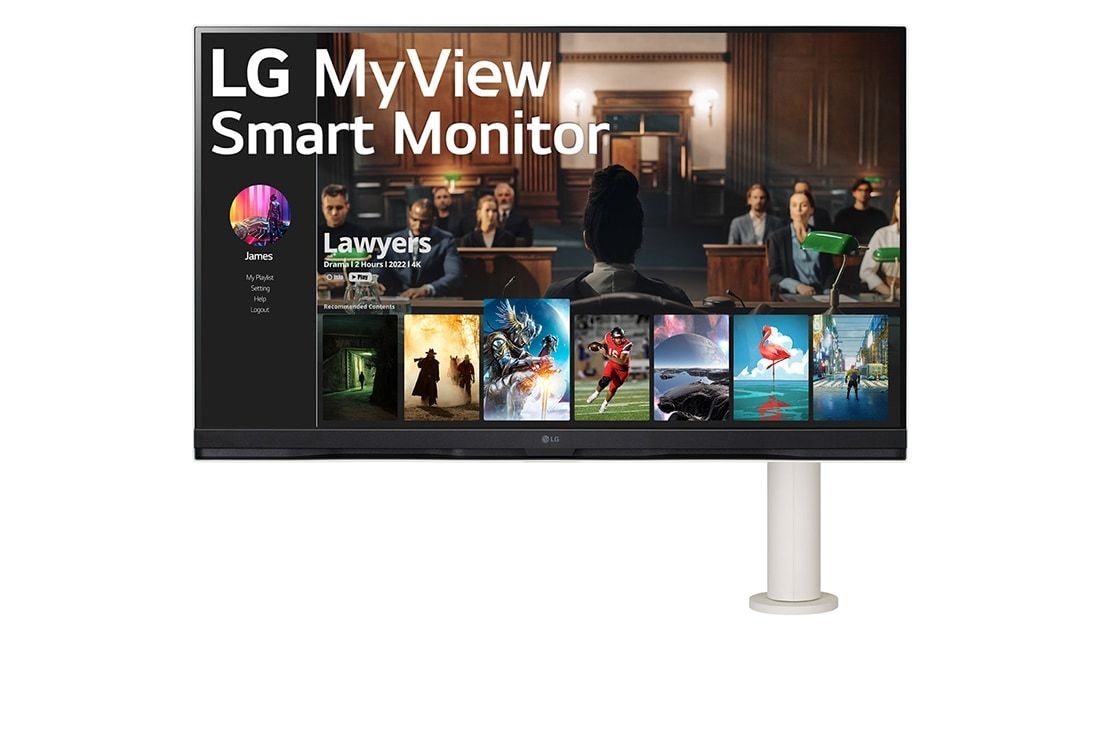 LG 32 collu 4K UHD Viedais monitors ar webOS un Ergo statīvu, Skats no priek?puses ar monitora kron?teinu labajā pusē, 32SQ780S-W