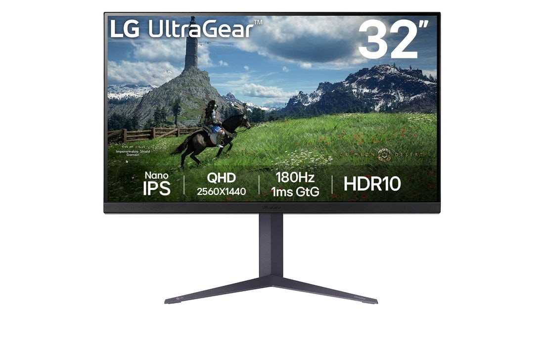 LG 32 collu UltraGear? QHD Nano IPS 180Hz spē?u monitors | 1ms (GtG), HDR10, skats no priek?puses, 32GS85Q-B