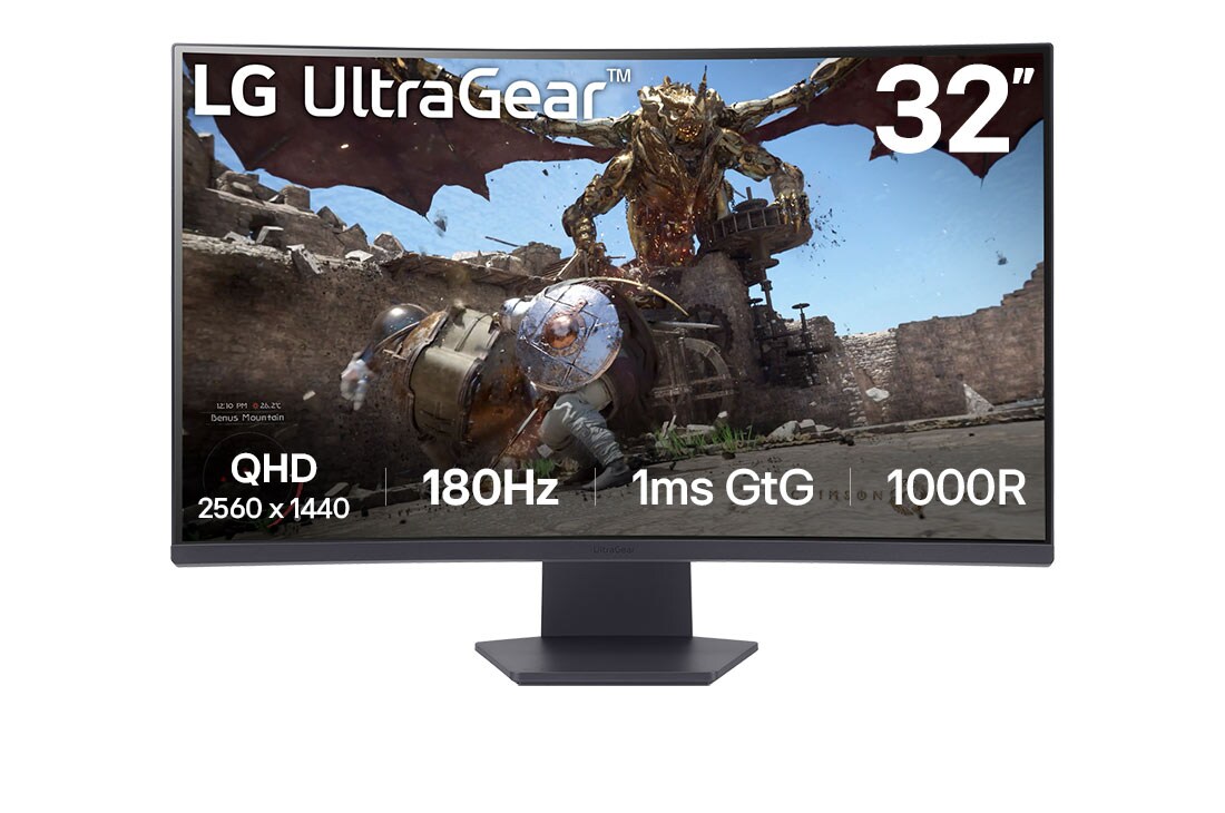 LG 32 collu UltraGear? 1000R ieliekts spē?u monitors | QHD, 1ms (GtG), 180Hz, skats no priek?puses, 32GS60QC-B
