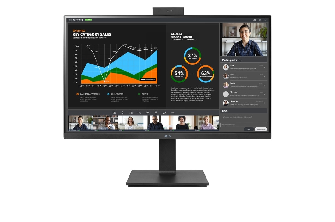 LG 27” QHD (2560x1440) IPS monitors ar iebūvētu tīmek?a kameru un mikrofonu, skats no priek?puses ar izvelkamu Full HD tīmek?a kameru, 27BQ75QC-B