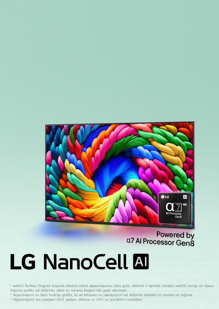 LG NanoCell televizors uz piparmētru za?a fona ar daudzkrāsainiem ap?veida rakstiem displejā un alpha 5 AI Gen 7 procesora attēlu apak?ējā labējā stūrī. Gaisma izstaro, radot krāsainas ēnas apak?ā. Attēlā redzams "webOS Re:New Program" logotips. Atruna: "Piecu gadu atjauninājumu slieksnis webOS Re:New Program ir jauna produkta palai?ana globālā tirgū." "Funkcijas var mainīties, un da?as funkcijas, lietotnes un servisa atjauninājumi var at??irties atkarībā no mode?a."  "Atjauninājumi pieejami 2022. gada mode?iem, tostarp visiem OLED un 8K QNED mode?iem, kā arī mode?iem, kuri tirgū palaisti pēc 2023. gada, ietverot UHD, NanoCell, QNED un OLED."