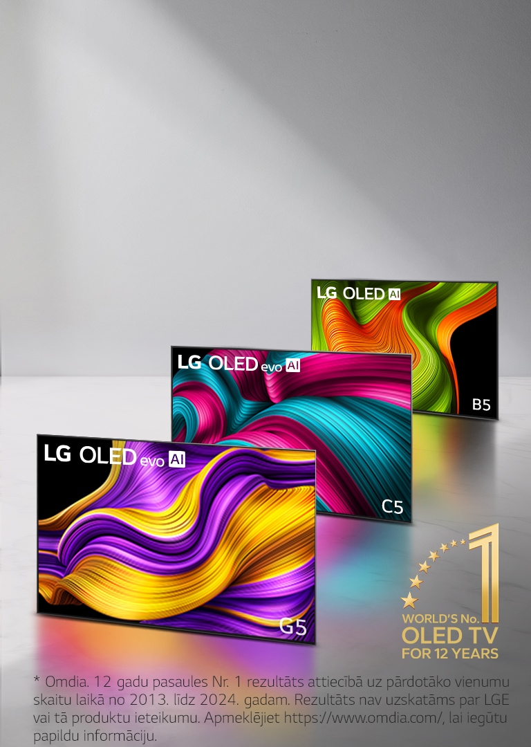 Trīs LG OLED evo AI TV klāsts – C5, G5 un B5 TV. Attēla stūrī parādīta “World’s number one OLED TV for 12 years” emblēma. 