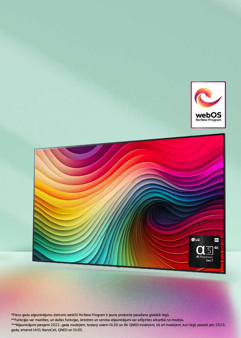 LG NanoCell televizors uz piparmētru za?a fona ar daudzkrāsainiem ap?veida rakstiem displejā un alpha 5 AI Gen 7 procesora attēlu apak?ējā labējā stūrī. Gaisma izstaro, radot krāsainas ēnas apak?ā. Attēlā redzams "webOS Re:New Program" logotips. Atruna: "Piecu gadu atjauninājumu slieksnis webOS Re:New Program ir jauna produkta palai?ana globālā tirgū." "Funkcijas var mainīties, un da?as funkcijas, lietotnes un servisa atjauninājumi var at??irties atkarībā no mode?a."  "Atjauninājumi pieejami 2022. gada mode?iem, tostarp visiem OLED un 8K QNED mode?iem, kā arī mode?iem, kuri tirgū palaisti pēc 2023. gada, ietverot UHD, NanoCell, QNED un OLED."