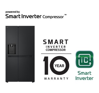 Produkta attēls ar Smart Inverter Compressor? logotipu un 10 gadu garantijas logotipu.