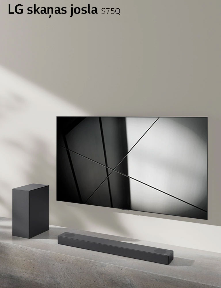 LG ska?as josla S75Q un LG televizors ir kopā novietoti viesistabā. Televizors ir ieslēgts, un tiek rādīts melnbalts attēls.