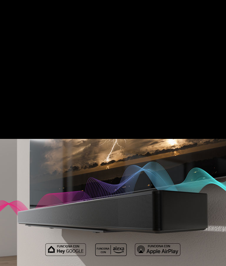 Sound Bar ir piestiprināts pie sienas tie?i zem TV ekrāna. Ska?as vi??i krustojas to starpā un to krāsa mainās no sarkanas uz zilu.