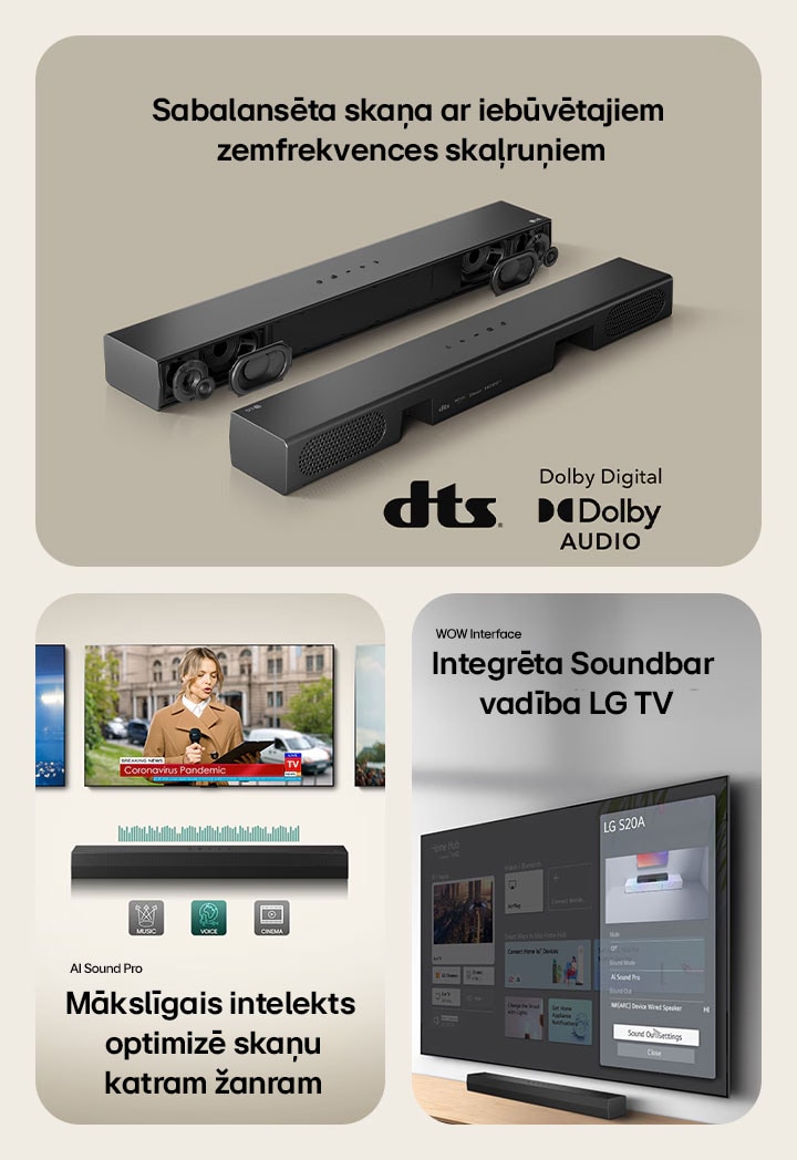 Kreisajā attēlā ir novietotas divas S20A Soundbar ierīces, vienā redzamas tās iek?ējās da?as, piemēram, zemfrekvences ska?ru?i un augstfrekvences ska?ru?i bez re??a, bet otrā – aizmugure. Labajā pusē ir redzams dts logotips un Dolby Digital Audio logotips. Vidus attēlā ir redzami 3 TV ekrāni: Skatuve un mikrofons vi?as rokā, redzama reportiere, kas runā, turot katrā rokā mikrofonu un plan?etdatoru, un zirgs. Zem TV ir novietots SH5A Soundbar ar ekvalaizera grafiku. Apak?ā ir attēlotas 3 ikonas: MūZIKA, BALSS un KINO. Labajā attēlā pie sienas piestiprinātais TV rāda LG webOS sākuma ekrānu, un SH5A ir novietots zem TV, uz TV galda. Kreisajā pusē ir da?ēji parādīta LG TV tālvadības pults, bet labajā pusē ir 4 ikonas, kuras attēlo WOW Interface funkcijas.