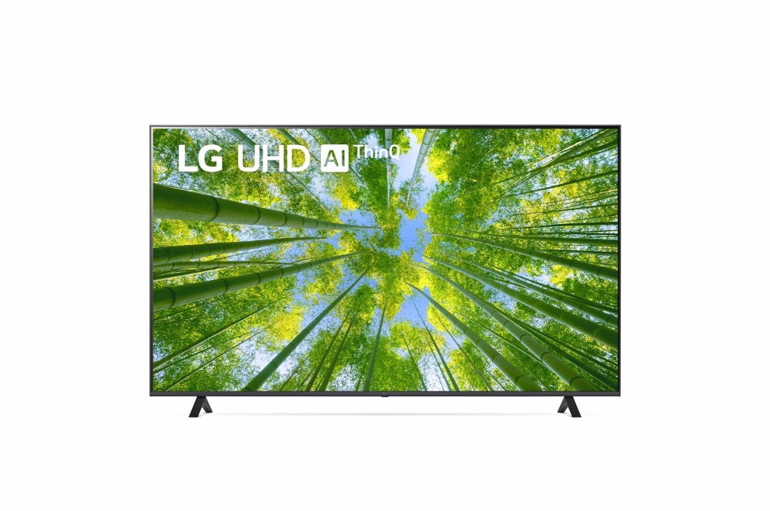 LG 86 collu UHD 4K televizors 86UQ8000, Skats no priek?puses uz LG UHD televizoru ar aizpildo?o attēlu un produkta logotipu, 86UQ80003LB