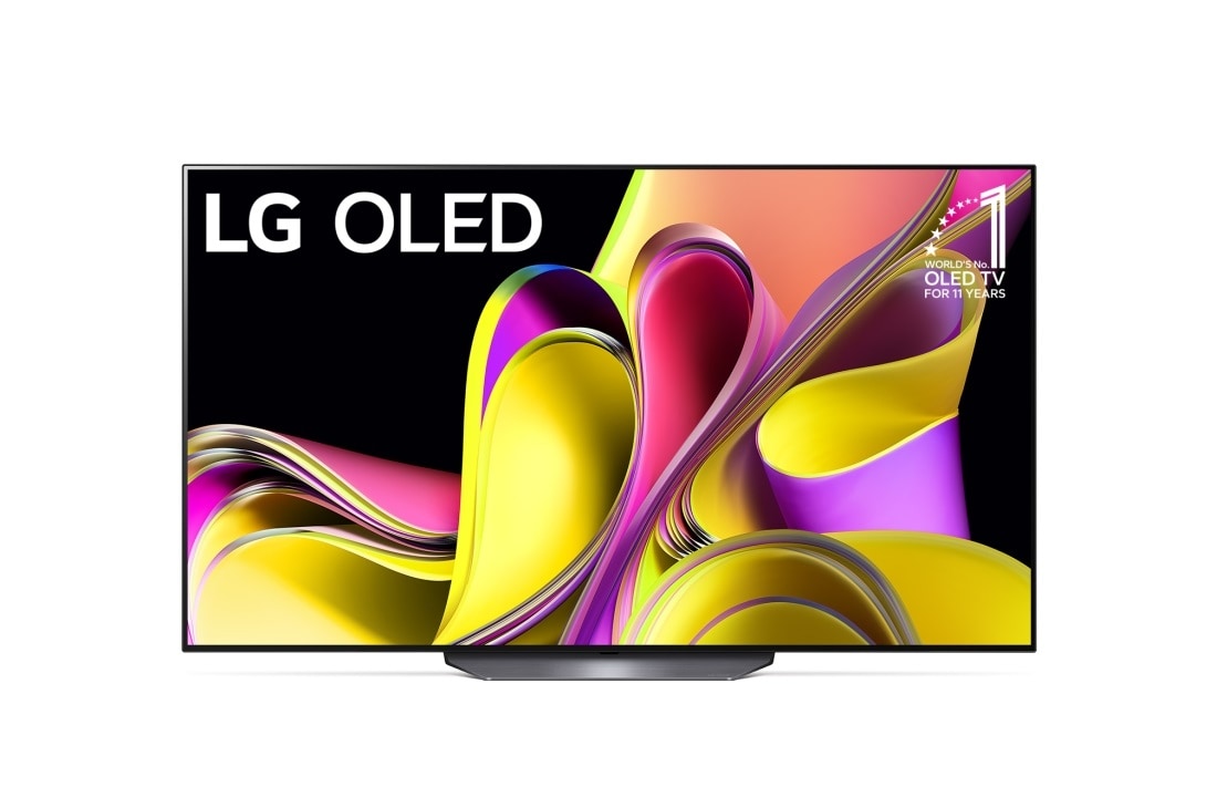 LG OLED B3 65 collu 4K Smart TV 2023, Skats no priek?puses ar LG OLED un ?10 Years World No.1 OLED? emblēmu., OLED65B33LA