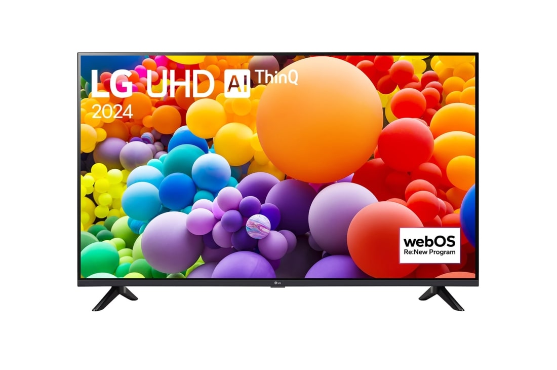 LG 50 collu LG UHD AI 4K viedtelevizors UT73 WebOS24 2024, LG UHD TV, UT73 priek?ējais skats ar LG UHD AI ThinQ, 2024 tekstu un webOS Re:New Program logotipu ekrānā, 50UT73003LA
