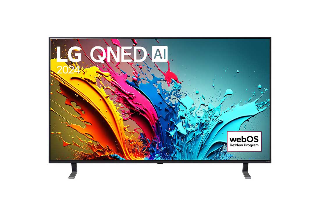 LG 65 collu LG QNED AI 4K viedtelevizors QNED85 WebOS24 2024, LG QNED TV, QNED85 priek?ējais skats ar LG QNED, 2024 tekstu un webOS Re:New Program logotipu ekrānā, 65QNED85T3C