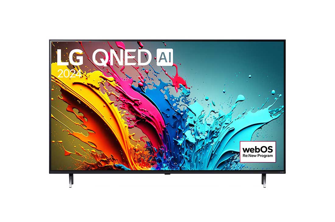 LG 50 collu LG QNED AI 4K viedtelevizors QNED85 WebOS24 2024, LG QNED TV, QNED85 priek?ējais skats ar LG QNED, 2024 tekstu un webOS Re:New Program logotipu ekrānā, 50QNED85T3A