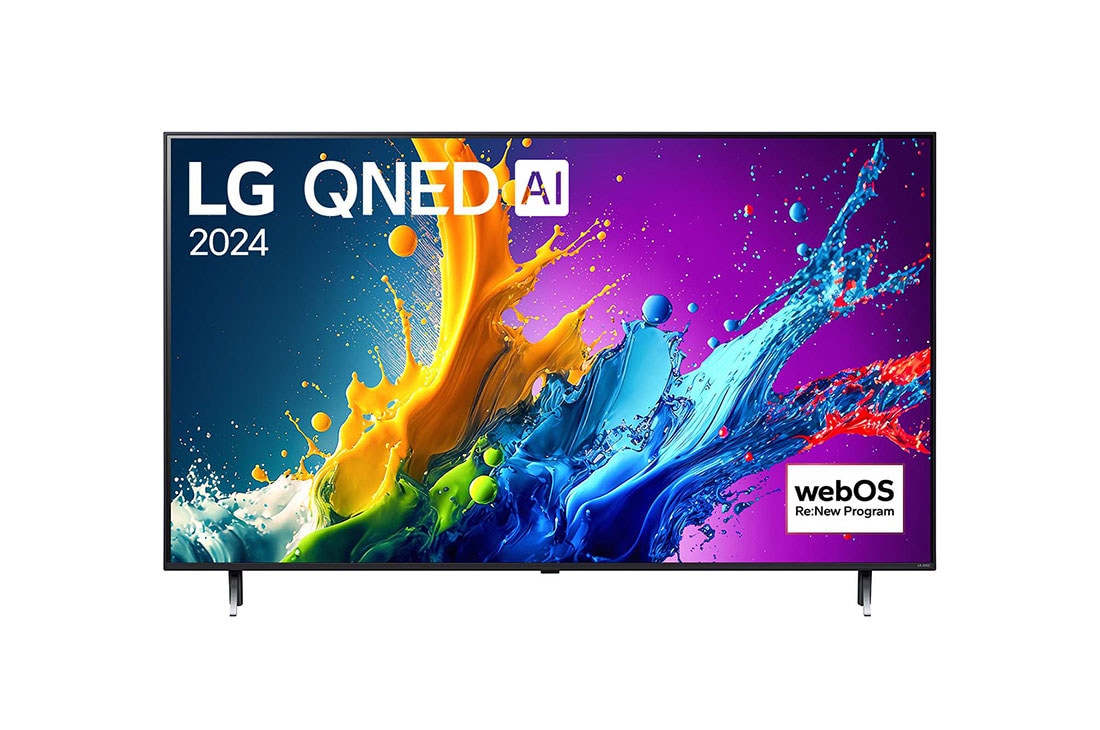 LG 50 collu LG QNED AI 4K viedtelevizors QNED80 WebOS24 2024, LG QNED TV, QNED80 priek?ējais skats ar LG QNED, 2024 tekstu un webOS Re:New Program logotipu ekrānā, 50QNED80T3A