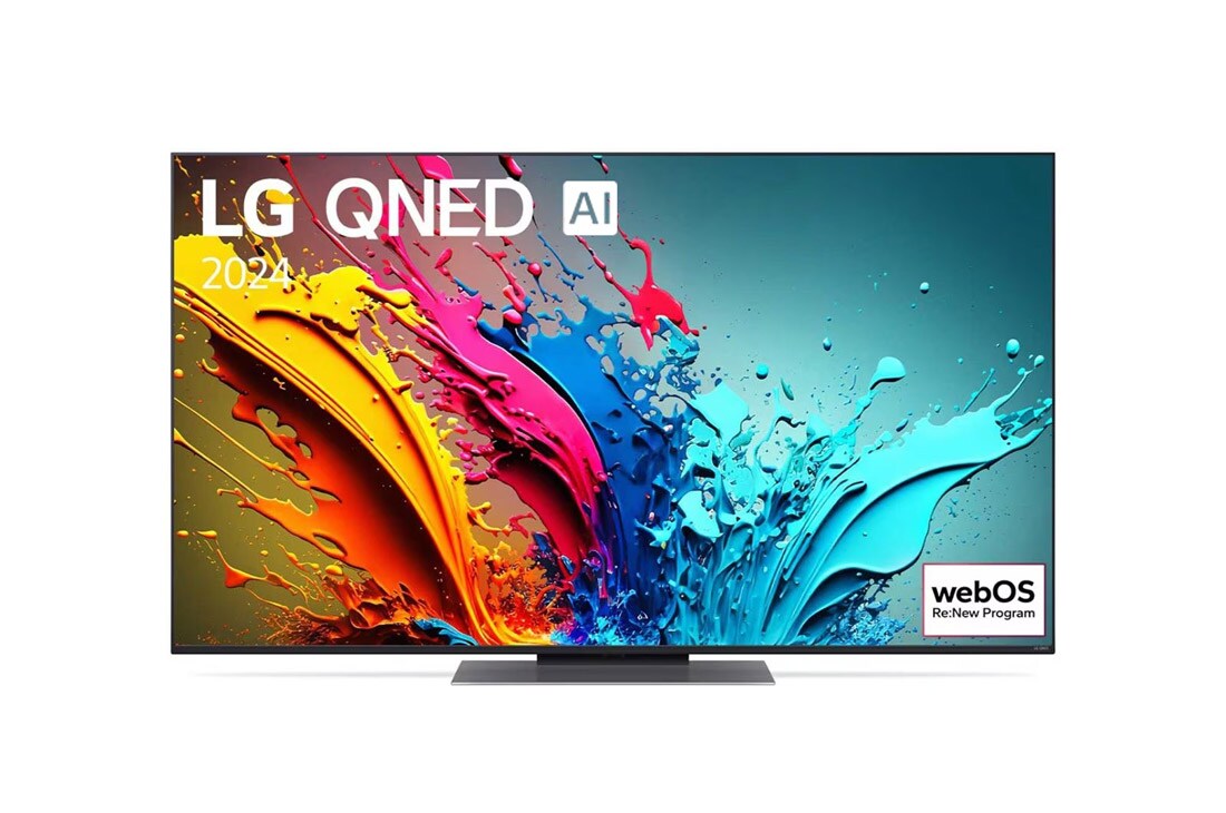 LG 55 collu LG QNED AI 4K viedtelevizors QNED86 WebOS24 2024, LG QNED TV, QNED85 priek?ējais skats ar LG QNED, 2024 tekstu un webOS Re:New Program logotipu ekrānā, 55QNED86T3A