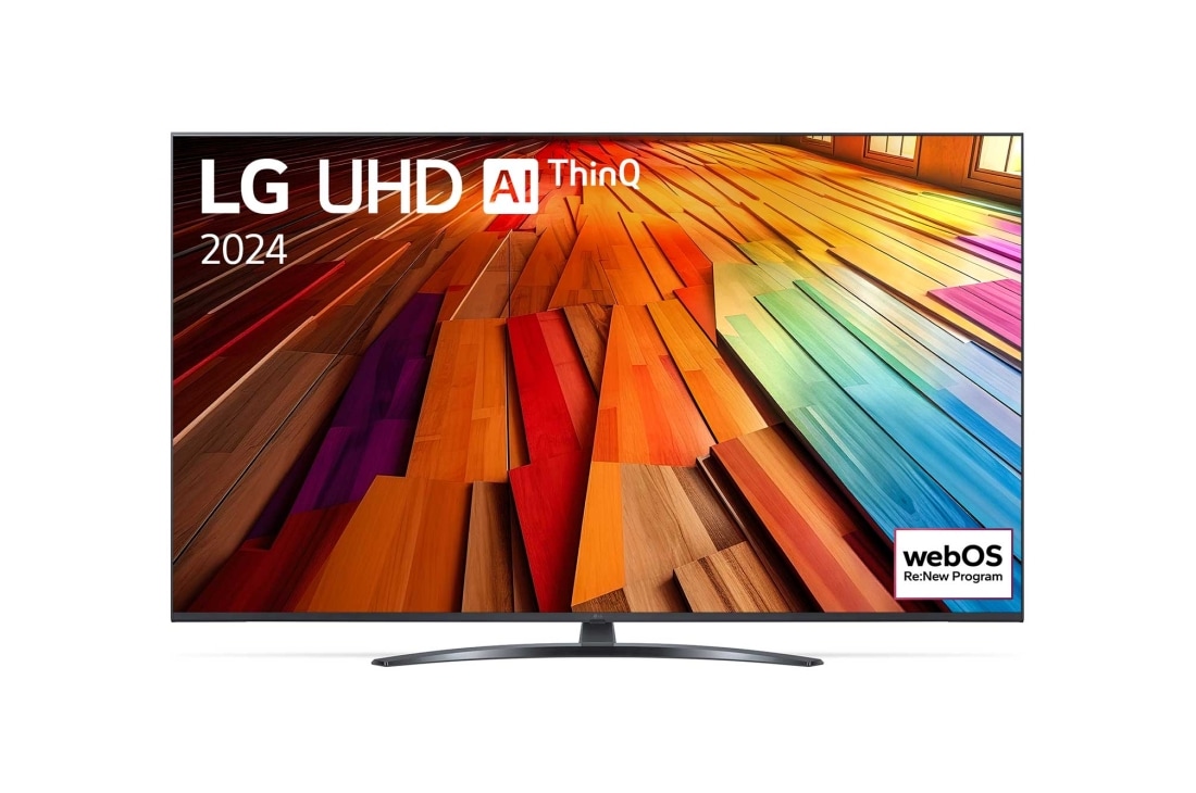 LG 86 collu LG UHD AI 4K viedtelevizors UT81 WebOS24 2024, LG UHD TV, UT80 priek?ējais skats ar LG UHD AI ThinQ, 2024 tekstu un webOS Re:New Program logotipu ekrānā, 86UT81003LA