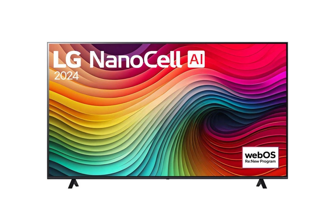 LG 75 collu LG NanoCell AI 4K viedtelevizors NANO82 WebOS24 2024, LG NanoCell TV, NANO81 priek?ējais skats ar LG NanoCell, 2024 tekstu un webOS Re:New Program logotipu ekrānā, 75NANO82T3B