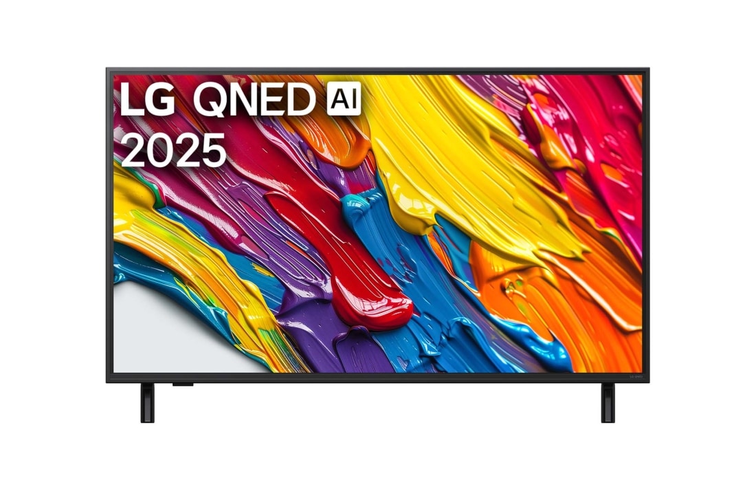 LG 43 collu LG QNED AI 4K viedtelevizors QNED82 2025, Skats no priek?puses ar LG QNED82 TV, LG QNED Al logotips aug?ējā stūrī. LG QNED TV ir attēlotas krāsainas peintsikas tekstūras, kas saplūst kopā., 43QNED82A3B