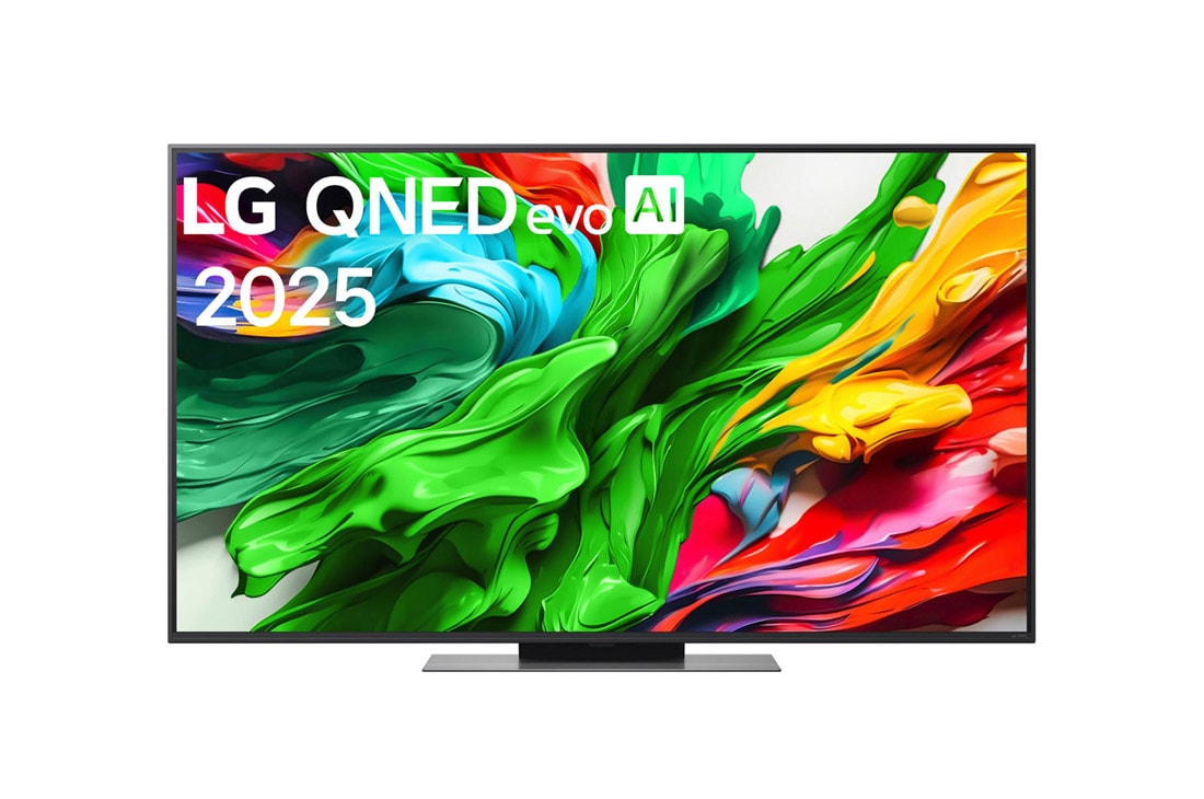 LG 55 collu LG QNED evo AI MiniLED 4K viedtelevizors QNED86 2025, Skats no priek?puses ar LG QNED evo QNED86 TV, LG QNED evo Al logotips aug?ējā stūrī. LG QNED evo QNED86 TV ir attēlotas krāsainas tekstūras, kas saplūst kopā., 55QNED86A3A