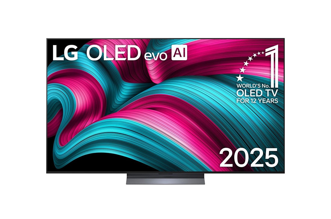 LG 65 collu LG OLED evo AI C5 4K viedtelevizors OLED65C51 2025, Skats no priek?puses ar LG OLED evo AI C5 4K Smart TV. Ekrānā ir redzams 12 gadus pasaulē vado?ā OLED emblēma un LG OLED evo AI 2025 logotips., OLED65C51LA