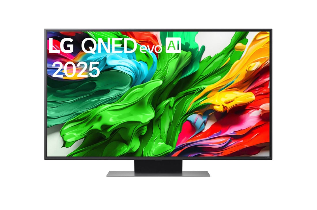 LG 50 collu LG QNED evo AI 4K viedtelevizors QNED86 2025, Skats no priek?puses ar LG QNED evo QNED86TV, LG QNED evo Al logotips aug?ējā stūrī. LG QNED evo QNED86TV ir attēlotas krāsainas tekstūras, kas saplūst kopā., 50QNED86A3C