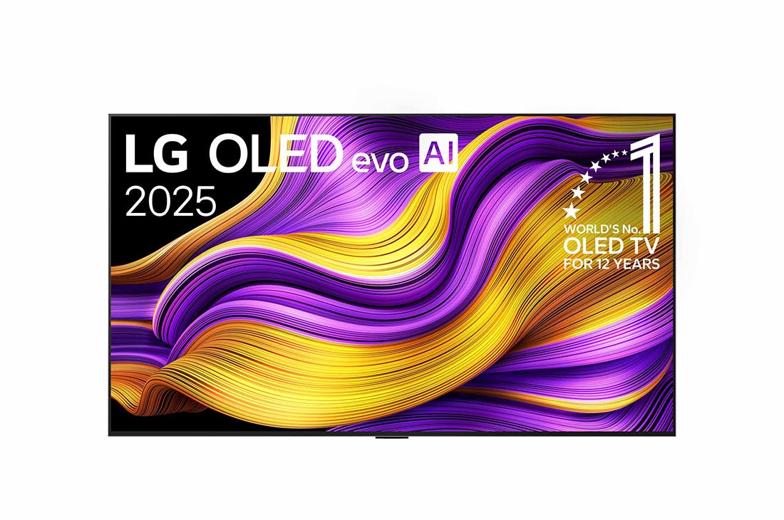 LG 65 collu LG OLED evo AI G5 4K viedtelevizors OLED65G5 2025, Skats no priek?puses ar LG OLED evo AI G5 4K Smart TV. Ekrānā ir redzams 12 gadus pasaulē vado?ā OLED emblēma un LG OLED evo AI 2025 logotips., OLED65G51LW