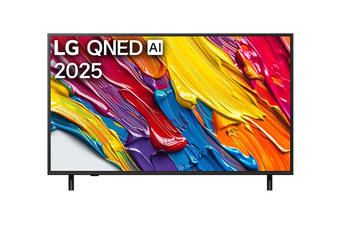 LG 50 collu LG QNED AI 4K viedtelevizors QNED84 2025, Skats no priek?puses ar LG QNED82 TV, LG QNED Al logotips aug?ējā stūrī. LG QNED TV ir attēlotas krāsainas peintsikas tekstūras, kas saplūst kopā., 50QNED84A3C