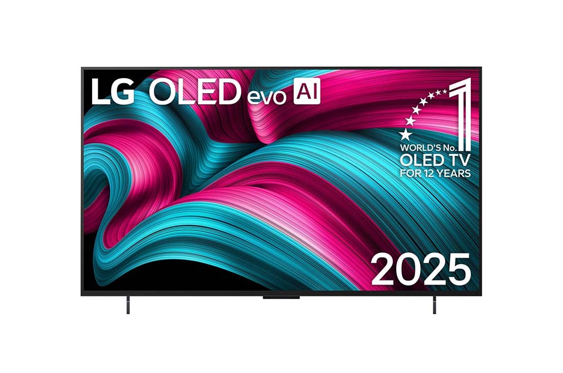 LG 42 collu LG OLED evo AI C5 4K viedtelevizors OLED42C52 2025, Skats no priek?puses ar LG OLED evo AI C5 4K Smart TV. Ekrānā ir redzams 12 gadus pasaulē vado?ā OLED emblēma un LG OLED evo AI 2025 logotips., OLED42C52LA