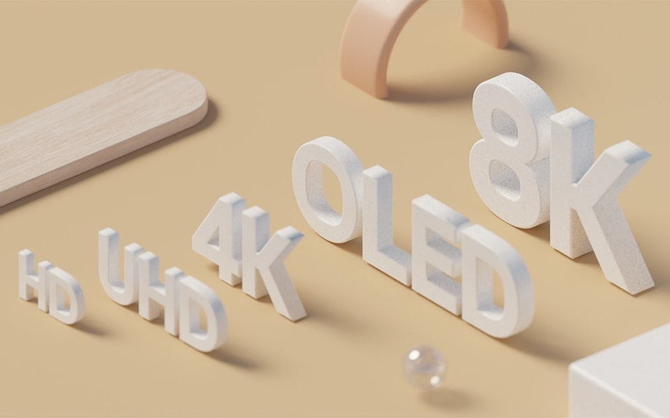 Ikonas parāda kvalitātes at??irības starp HD, UHD, 4K, OLED un 8K televizoriem