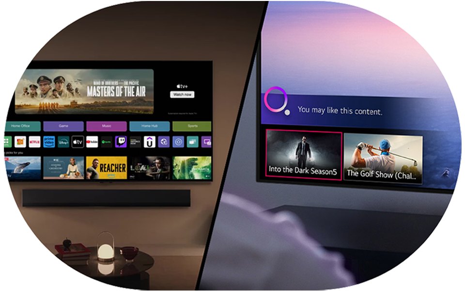 Divi attēli ar LG televizoru, kurā redzamas da?ādas lietotnes, izce?ot LG webOS Re:New programmas funkcijas.