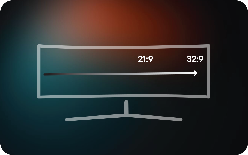 4K īpa?i plats izliekts monitors ar līniju uz ekrāna, kas parāda 21:9 monitoru un 32:9 monitoru 5k2k oled spē?u pieredzei.
