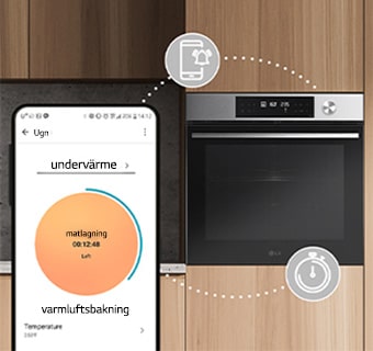 Dette er et bilde der ikoner som uttrykker tidtakere og push-varslingsfunksjoner er koblet mellom smarttelefonen og ovnen.