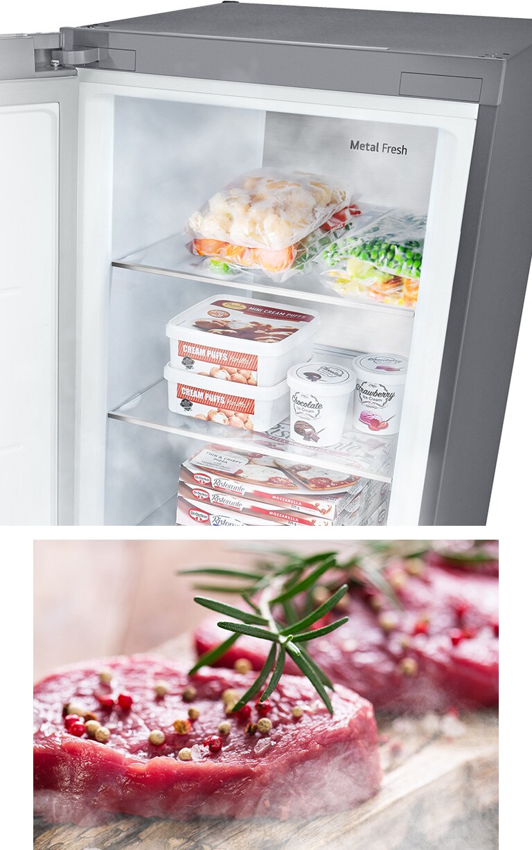 Ett bilde viser en ?pen fryser fylt med varer og kald luft som bl?ser gjennom. Det andre bildet viser ustekt r?tt kj?tt som er tint og klar til tilberedning.