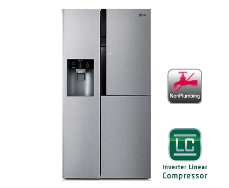 LG side-by-side-skap – med automatisk avriming en d?r-i-d?r oppbevaring og Non-plumbing vann- og isdispenser (nettovol. 614 l), GS9366NSDZ