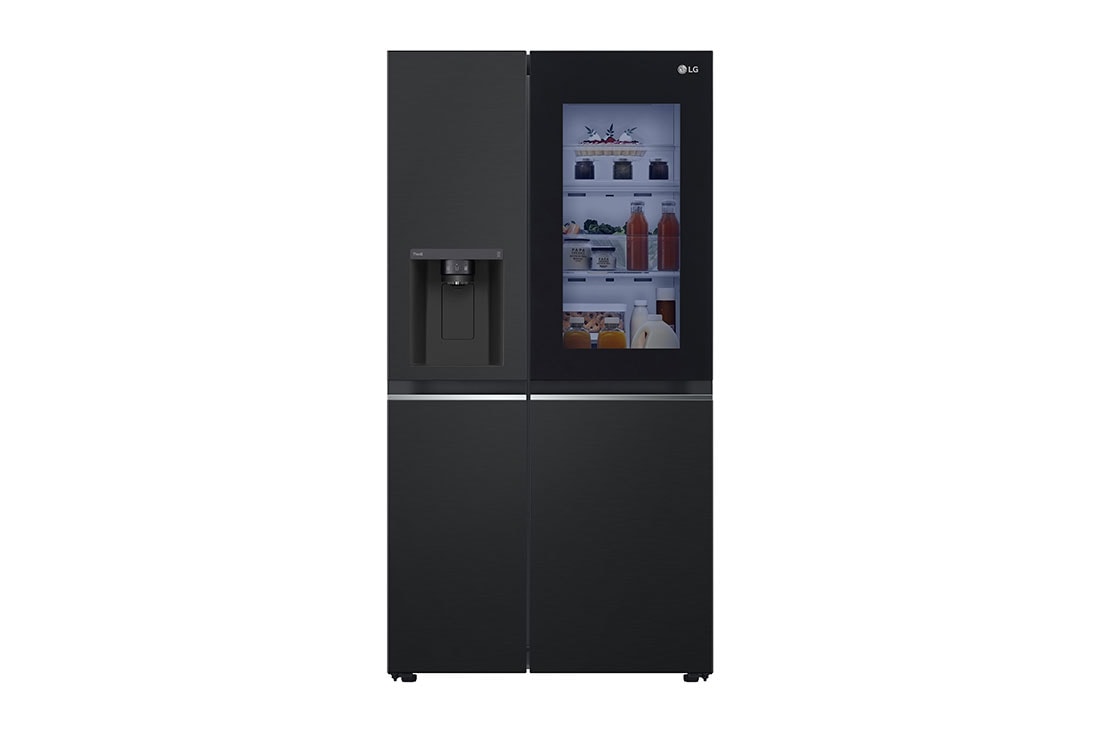 LG 635L InstaView? Side by Side (Matte Black), Energiklasse E, Vann/isdispenser med vanntilkobling, Smart Diagnosis? med Wi-Fi, front view , GSGV80EPLL