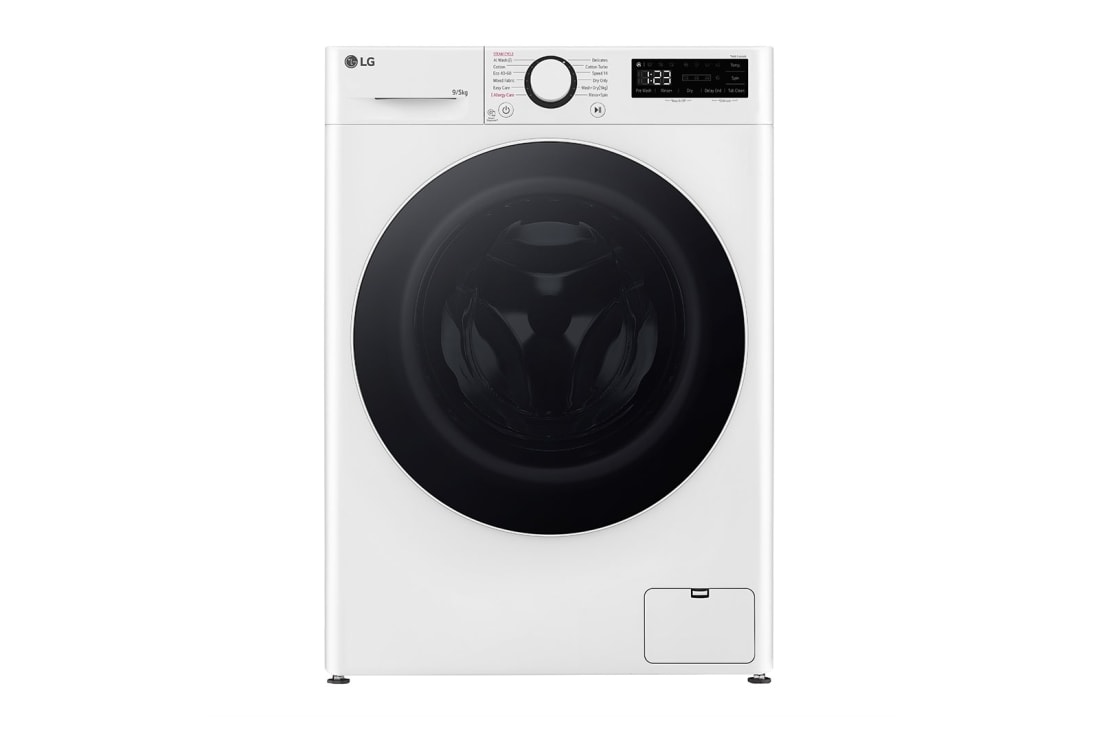 LG Slim 9 kg / 5 kg Kombinert vaskemaskin/t?rketrommel(Hvit) - Steam, Energiklasse A/E, AI DD?, Smart Diagnosis?,  47,5cm dybde, Front view, CV92T5S4SQE