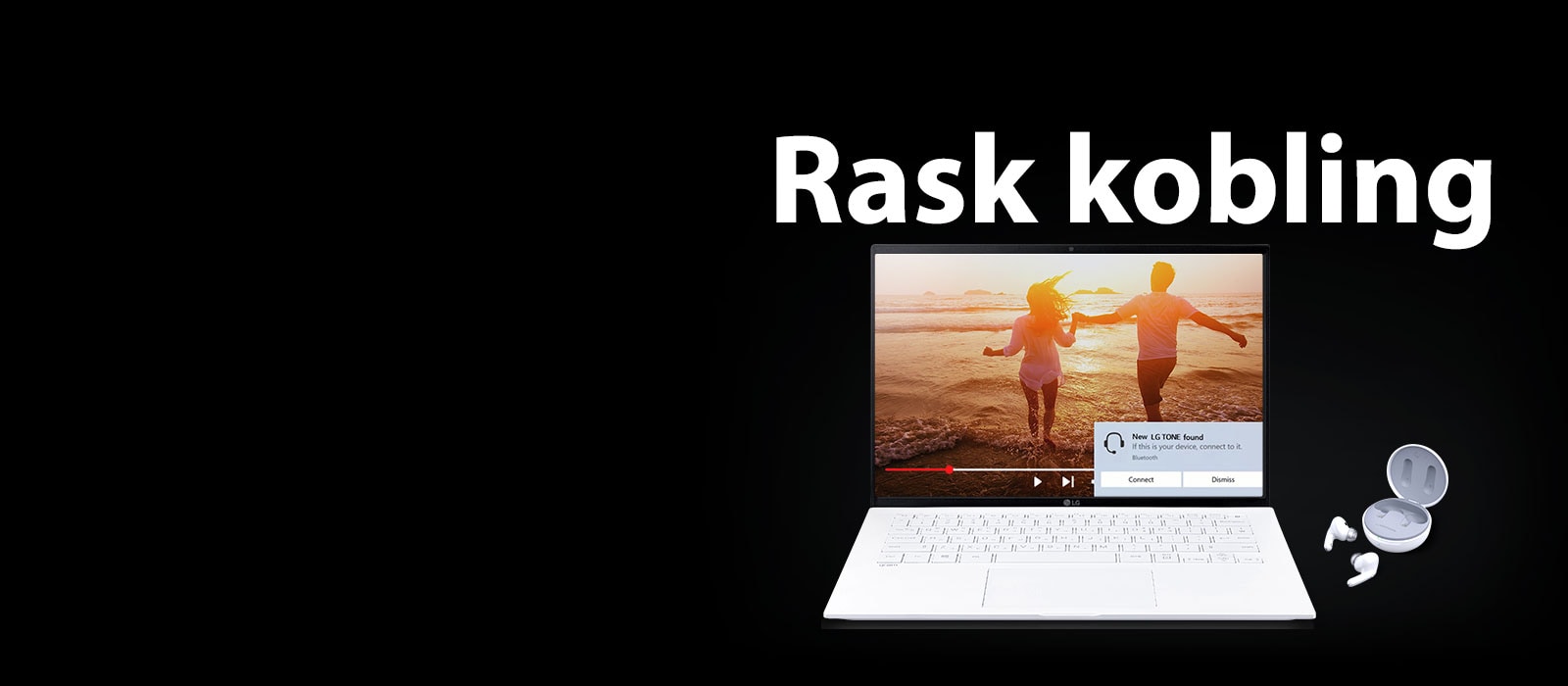 Et bilde av en b?rbar datamaskin og TONE Free plassert under uttrykket “rask kobling”, og koblingsvarsel sl?tt p? p? den ?pne b?rbare skjermen.
